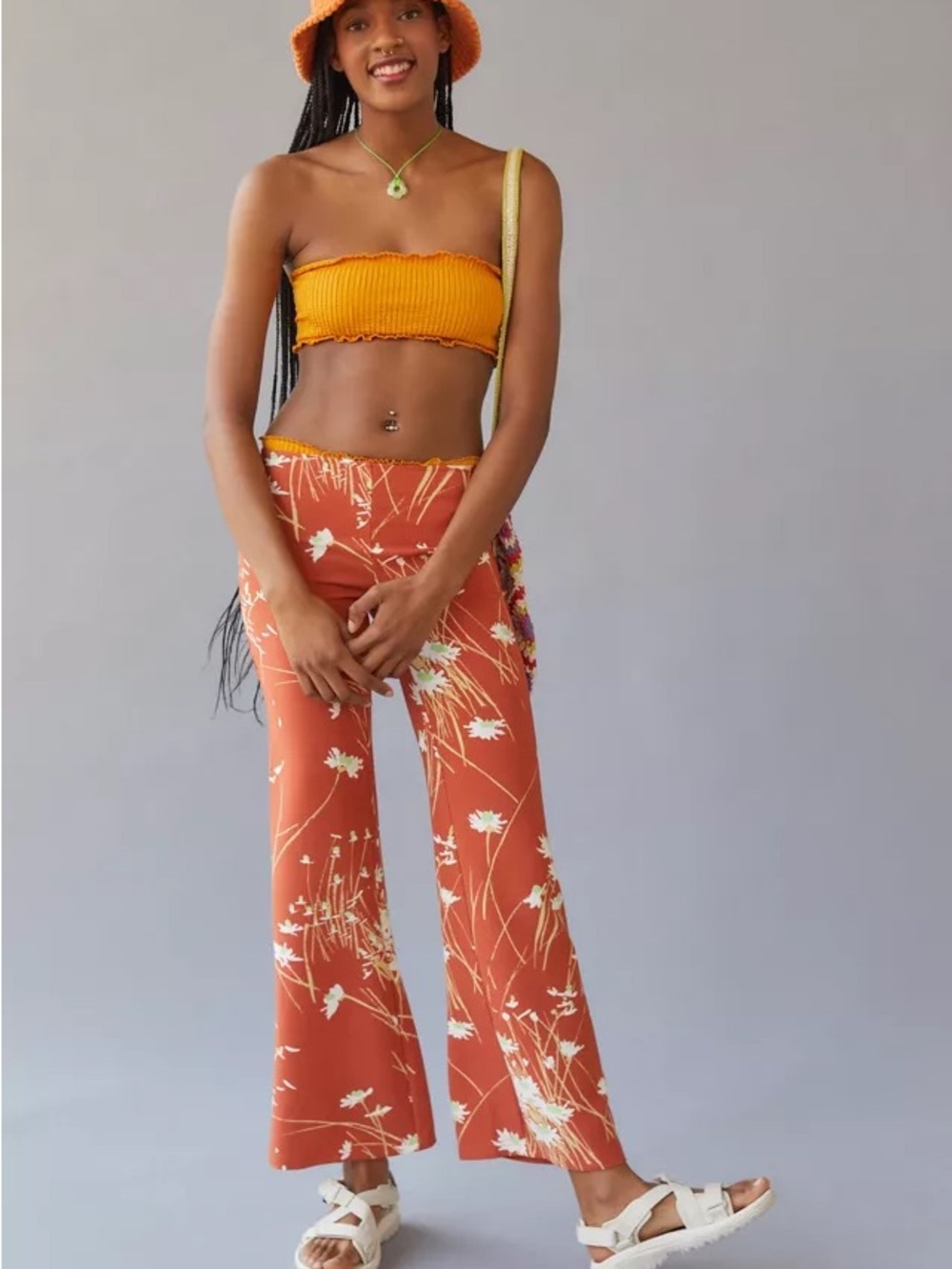 Urban Outfitters Rust Floral Wide-Leg Pants - Dahlia Low Rise Flare